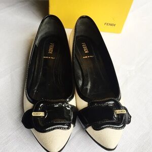 Fendi FF Buckle Pointed Toe Flats Cream Canvas Black Patent Leather